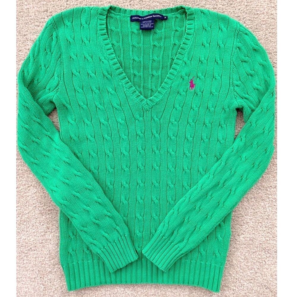 Ralph Lauren Sport Cable Knit V-Neck Sweater M Green Pink Pony Y2K Preppy
